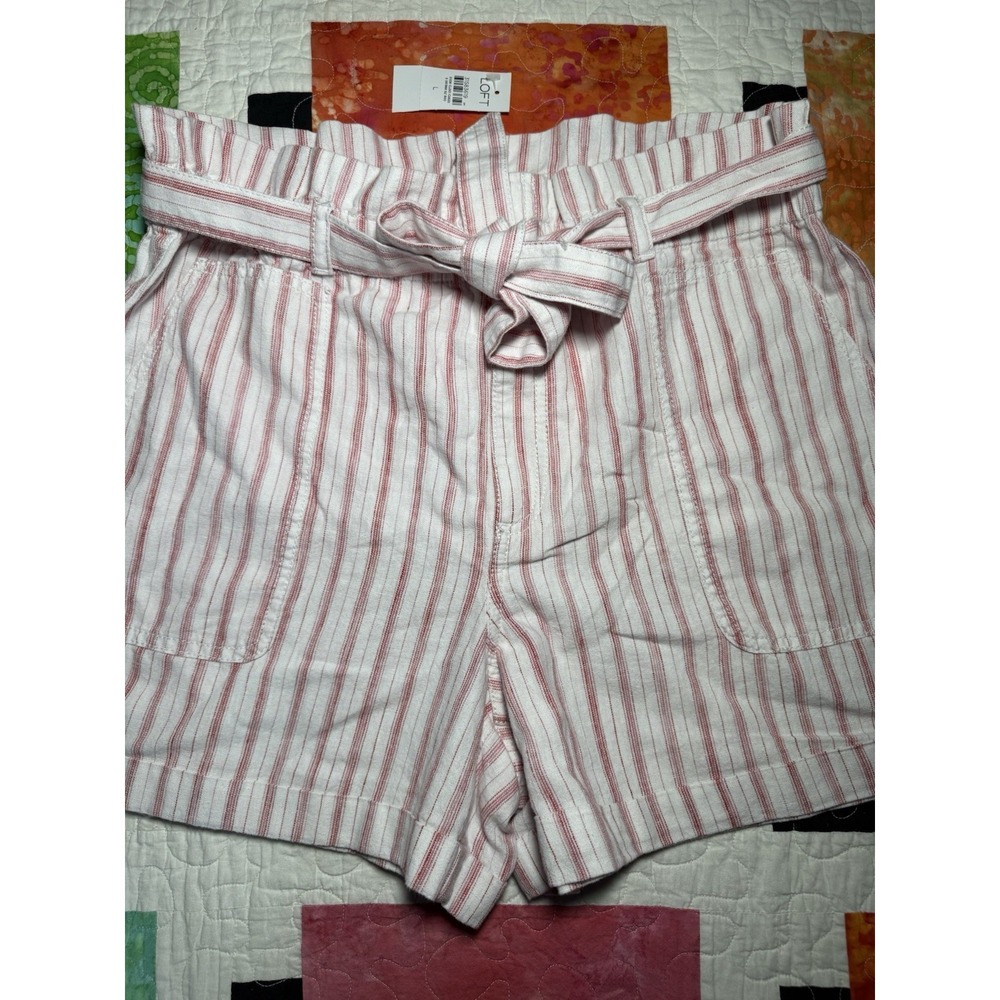 Loft NWT Womens Striped Belted Shorts Sz Large Linen  Pockets White Pink